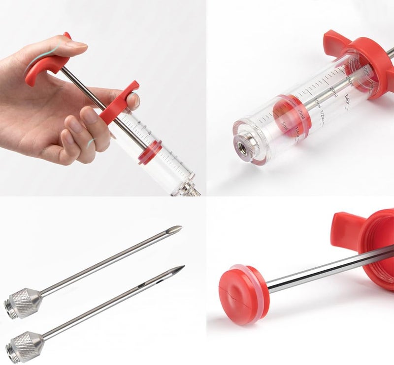 Mikim Plastic Meat Injector Syringe, Turkey Injection Kit with 2 Stainless Steel Needles for Injecting Marinade into Turkey Chicken Meat Brisket Pork, Ideal for Smoking BBQ Grill, Red 1oz - Image 3